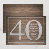 ラスティック40歳誕生日招待状 シルバーグリッター 招待状 (正面/裏面)