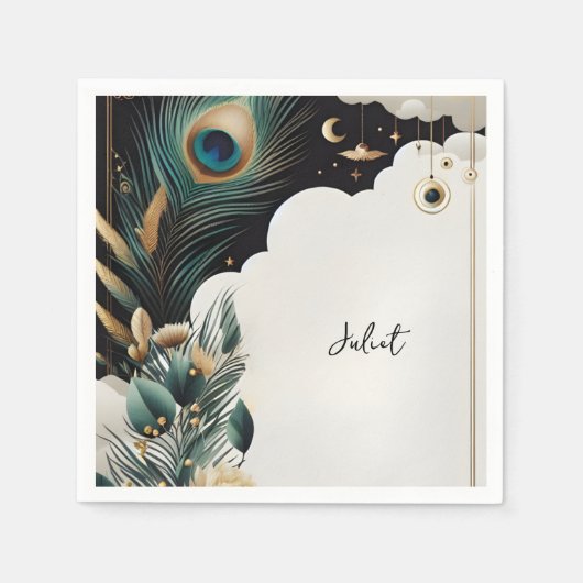 ラスティック アジアン スカイ クラウド ピーコック ブライズシャワー スタンダードカクテルナプキン (正面)