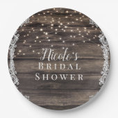 ラスティック アッシュ ブラウン ウッド レース & ライト ウェディング ブライダル ペーパープレート (正面)