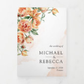 ラスティック アーシー ピーチ フローラル QR コード ウェディング 三つ折り招待状 (カバー)