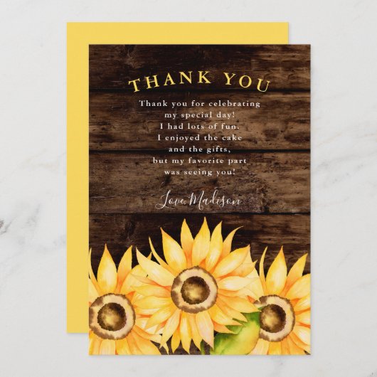 ラスティック イエロー ヒマワリ バースデー パーティー サンキューカード (正面/裏面)