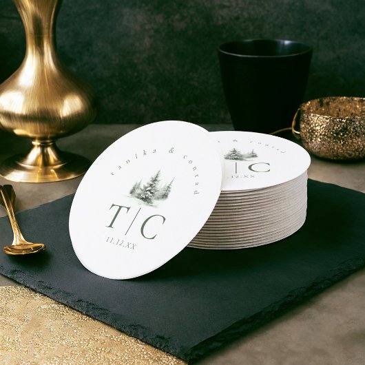 ラスティック ウィンター ウェディング フォレスト グリーン ID1049 ラウンドペーパーコースター