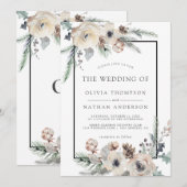 ラスティック ウィンター パイン フローラル ブラック フレーム ウェディング 招待状 (正面/裏面)