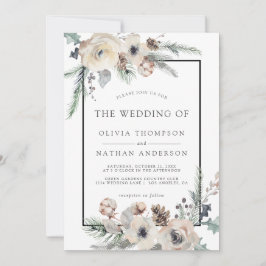 ラスティック ウィンター パイン フローラル ブラック フレーム ウェディング 招待状