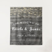 ラスティック ウェザード グレー ウッド ストリング ライト ウェディング タペストリー (正面)