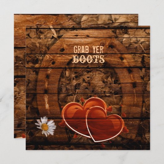 ラスティック ウェスタン バーン ウッド ホースシュー ウェディング 招待状 (正面/裏面)