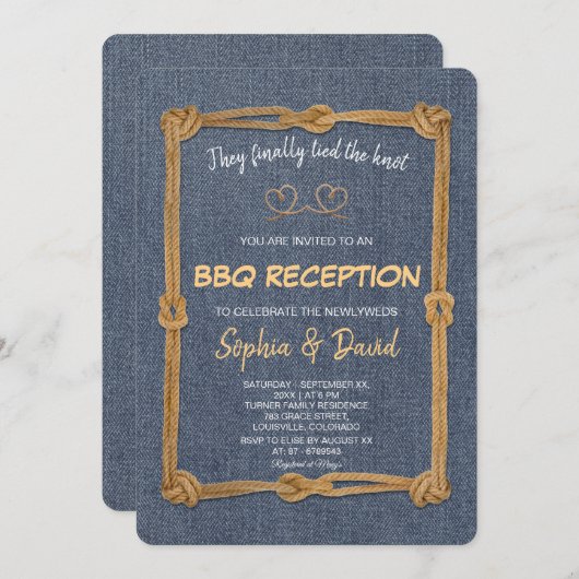 ラスティック ウェスタン ロープ ウェディング ノット BBQ レセプション 招待状 (正面/裏面)