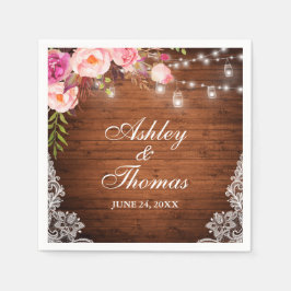 ラスティック ウェディング ウッド ジャー ライト ピンク フラワーレース スタンダードカクテルナプキン