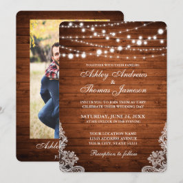 ラスティック ウェディング ウッド ストリング ライト レース 招待状 PBR