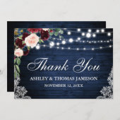 ラスティック ウェディング ウッド ブルー バーガンディー フローラル サンキューカード (正面/裏面)