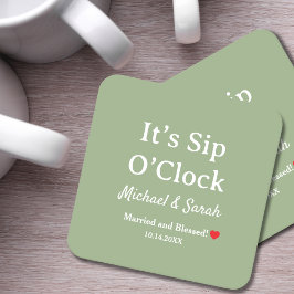 ラスティック ウェディング セージグリーン It's Sip O'Clock カスタムデザイン スクエアペーパーコースター