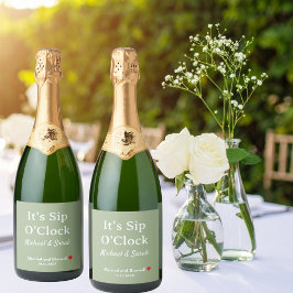 ラスティック ウェディング セージグリーン It's Sip O'Clock カスタムデザイン スパークリングワインラベル