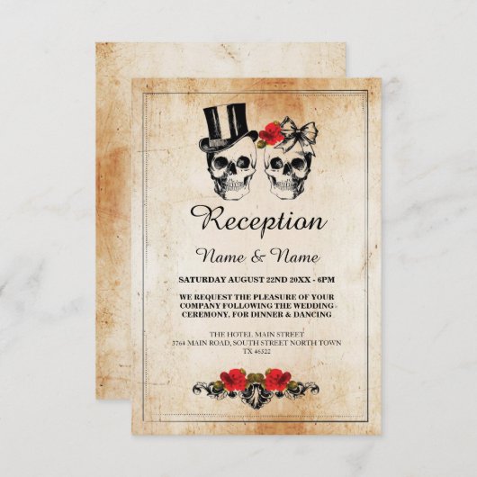 ラスティック ウェディング レセプション カード スカル ローズ (正面/裏面)