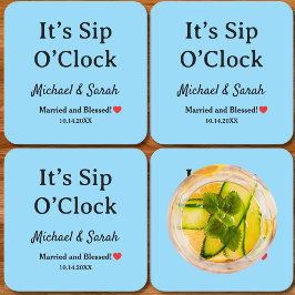 ラスティック ウェディング ロマンティック『Sip O'clock』カスタム ブルー スクエアペーパーコースター