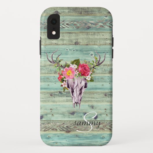 ラスティック ウエスタン ターコイズ ウッド シカ 頭蓋骨 モノグラム Case-Mate iPhoneケース (裏面)
