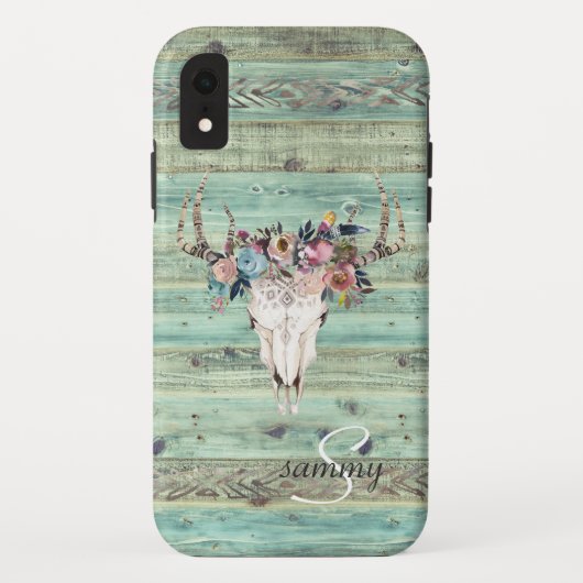 ラスティック ウエスタン ターコイズ ウッド 鹿の頭蓋骨 モノグラム Case-Mate iPhoneケース (裏面)