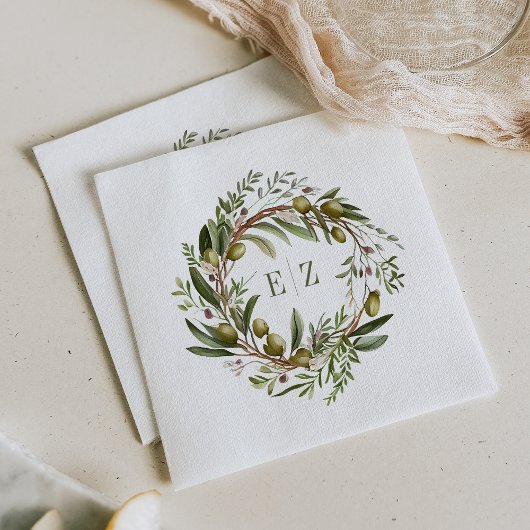 ラスティック ウォーターカラー オリーブリース ウェディング スタンダードカクテルナプキン