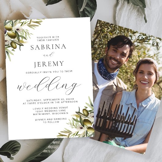 ラスティック ウォーターカラー オリーブ ブランチ フォト ウェディング 招待状