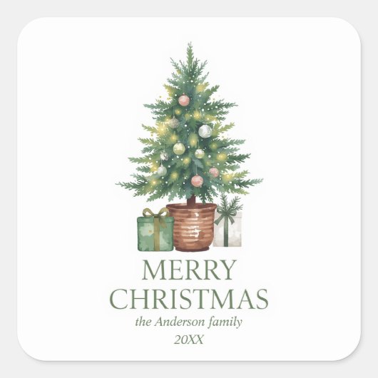 ラスティック・ウォーターカラー・クリスマスツリー・ノンフォト スクエアシール (正面)
