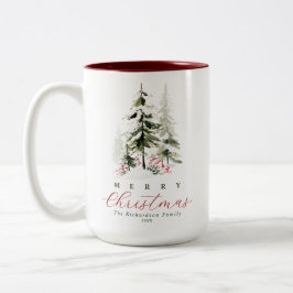 ラスティック・ウォーターカラー・パイン・ツリーのカスタムクリスマス ツートーンマグカップ