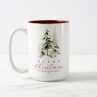 ラスティック・ウォーターカラー・パイン・ツリーのカスタムクリスマス ツートーンマグカップ