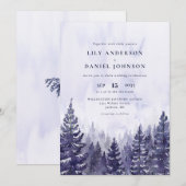 ラスティック ウォーターカラー パープル 松の木の森 ウェディング 招待状 (正面/裏面)