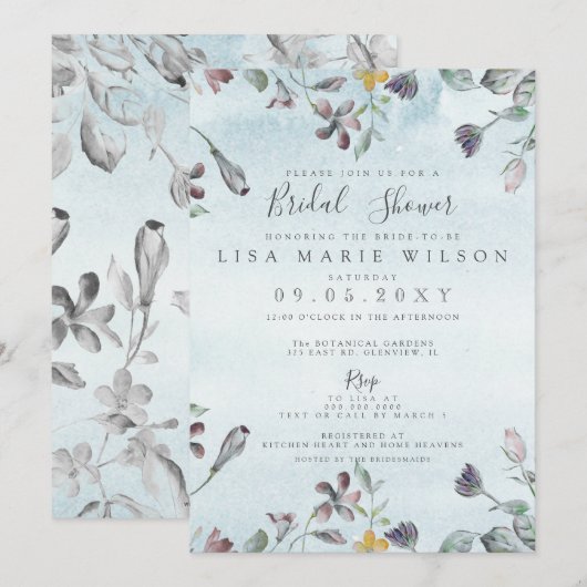 ラスティック ウォーターカラー フラワーダスティーブルー ブライダルシャワー 招待状 (正面/裏面)