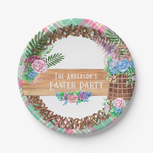 ラスティック ウォーターカラー フラワー リース 幸せなイースター ペーパープレート (正面)