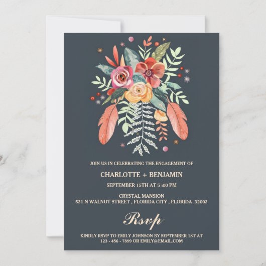 ラスティック ウォーターカラー フローラル ボーホ エンゲージメント パーティ 招待状 (正面)
