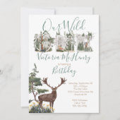 ラスティック ウォーターカラー ワイルド ワン ファースト バースデー パーティー 招待状 (正面)