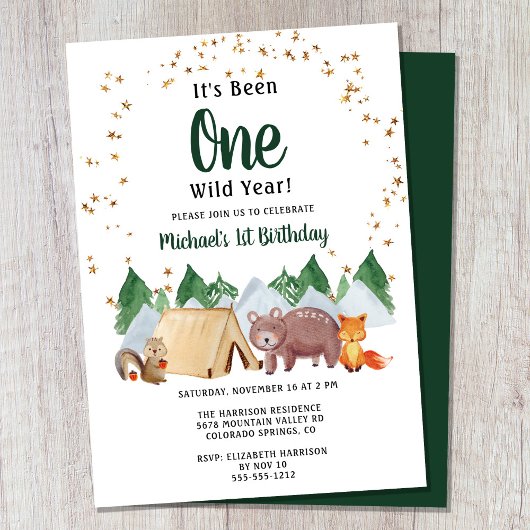 ラスティック ウッドランド ワイルド ワン 1歳の誕生日パーティー 招待状