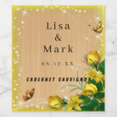 ラスティック ウッド イエロー フローラル バタフライ ウェディング ワインラベル (シングルラベル)