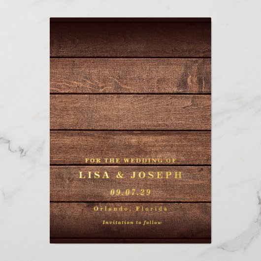 ラスティック ウッド カントリー スクリプト セーブ・ザ・デート 箔招待状 (正面)