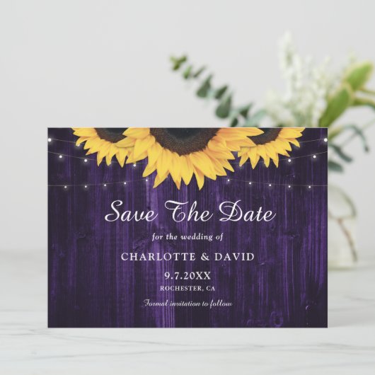 ラスティック ウッド ストリング ライト アイリス色と黄色のひまわり 結婚式 セーブザデート (スタンド正面)