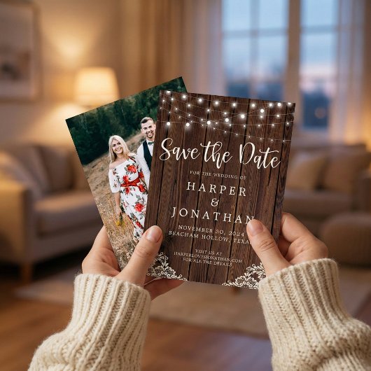 ラスティック ウッド ストリング ライト ウェディング セーブ ザ デート セーブザデート