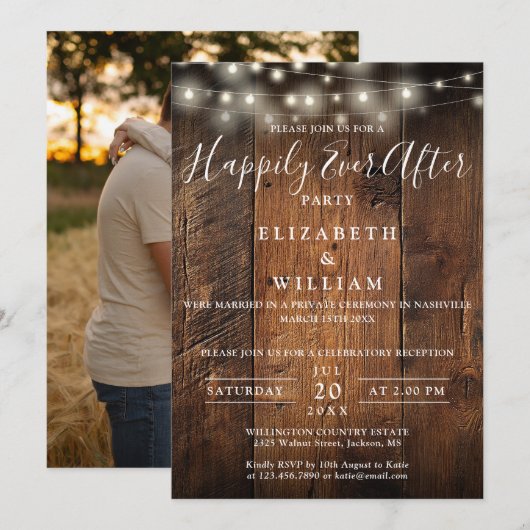 ラスティック ウッド ストリング ライト フォト ウェディング レセプション 招待状 (正面/裏面)