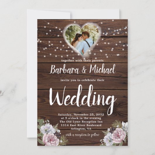 ラスティック ウッド ストリング ライト フォト フラワーズ ウェディング   招待状 (正面)