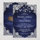 ラスティック ウッド ネイビー ブルー ライト ストリング ウェディング 招待状 (正面/裏面)