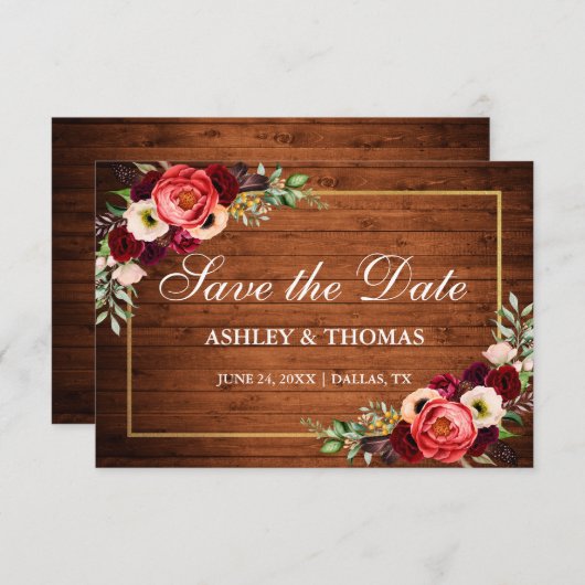 ラスティック ウッド バーガンディ フローラル ボヘミアンスタイルのSave The Date セーブザデート (正面/裏面)