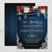 ラスティック ウッド バーガンディ フローラル メイソンジャー ウェディング 招待状 (正面/裏面)