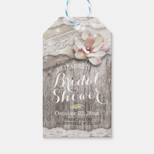 ラスティック ウッド バーラップレース ストリング ライト ブライダル シャワー ギフトタグ (正面)