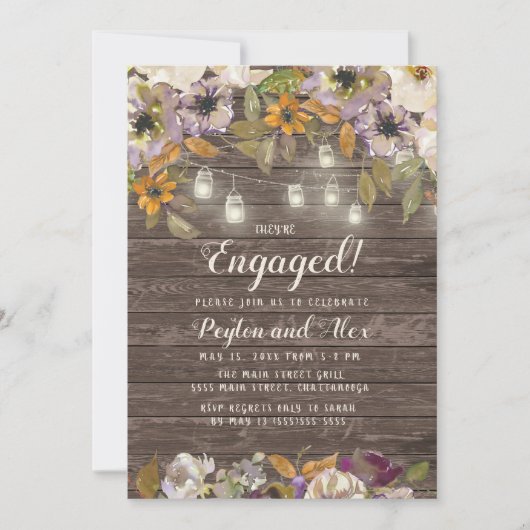 ラスティック ウッド パープル フローラル ストリング ライト 招待状 (正面)