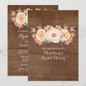 ラスティック ウッド ピーチ ウォーターカラー フラワーブライダルシャワー 招待状 (正面/裏面)