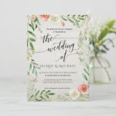 ラスティック ウッド ブッシュとアイボリー ローズ フラワーのウェディング 招待状 (スタンド正面)