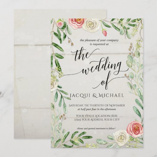 ラスティック ウッド ブッシュとアイボリー ローズ フラワーのウェディング 招待状 (正面/裏面)