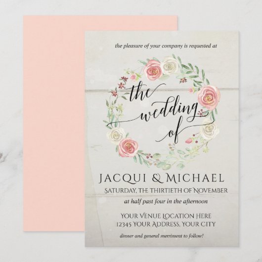 ラスティック ウッド ブラッシュ アイボリー ローズ リーフ  wreath ウェディング 招待状 (正面/裏面)