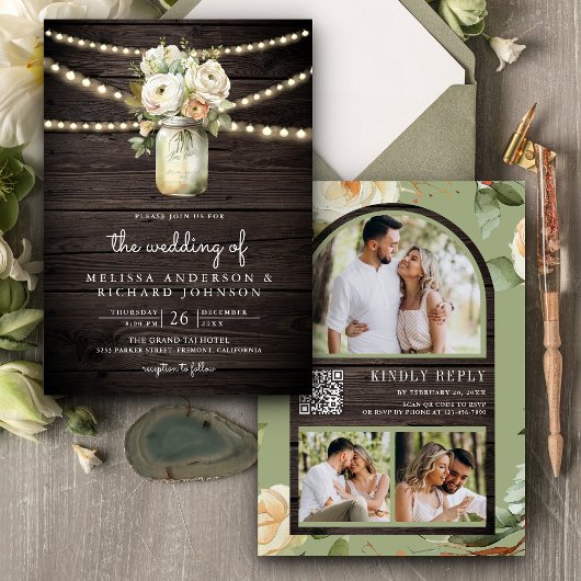 ラスティック ウッド ホワイト ローズ メイソンジャー QR コード ウェディング 招待状