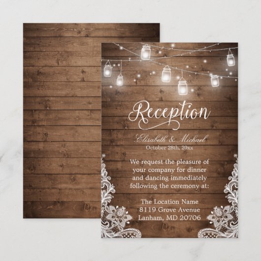 ラスティック ウッド メイソンジャー ストリング ライト レース レセプション 招待状 (正面/裏面)