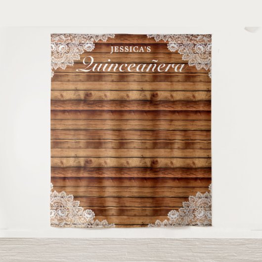 ラスティック ウッド & レースのキンセアニエラ フォト背景 タペストリー (正面)