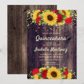 ラスティック ウッド 向日葵 赤いバラ Quinceañera 招待状 (正面/裏面)